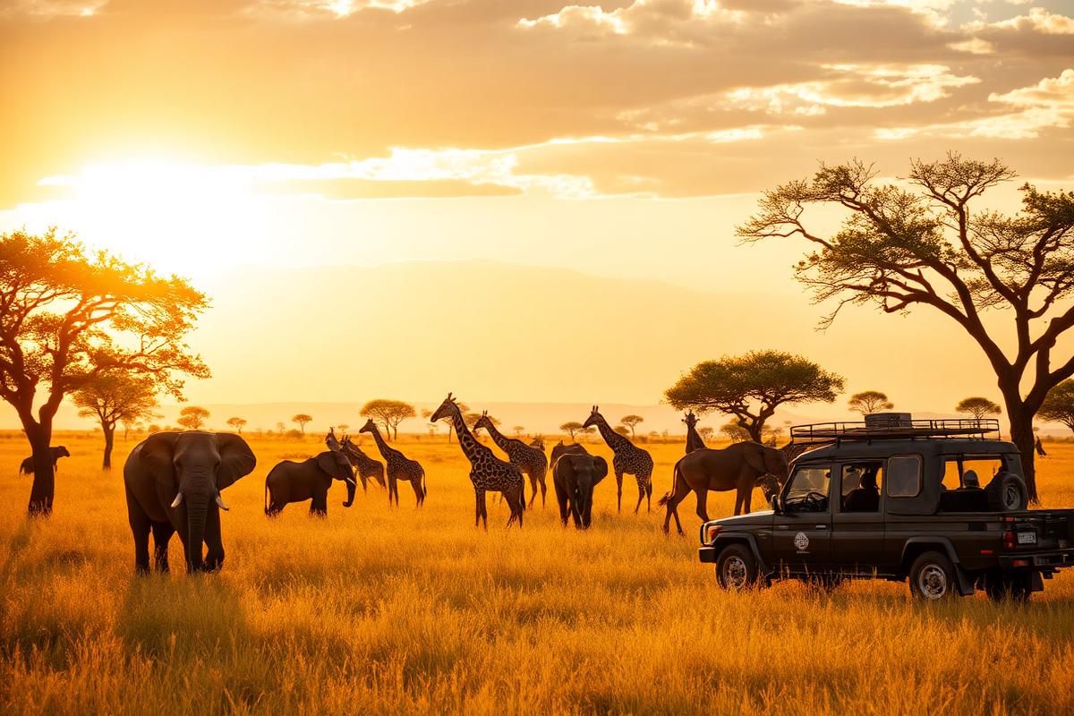 Safari at sunrise on the Tanzanian savannah